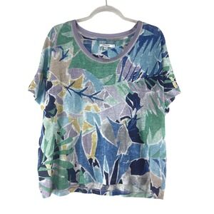 Chico's Linen Knit Tee Women Size 2 Large Multicolor Tropical Leaf Short Sleeve